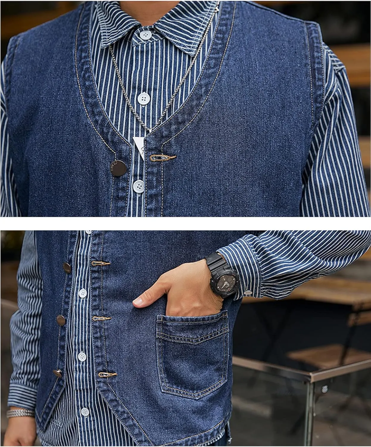 Yvipette Mens Sleeveless V Neck Collarless Denim Vest Biker Motor Punk Button Down Jean Vest Jacket