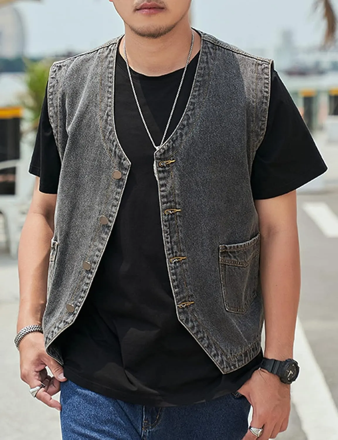 Yvipette Mens Sleeveless V Neck Collarless Denim Vest Biker Motor Punk Button Down Jean Vest Jacket
