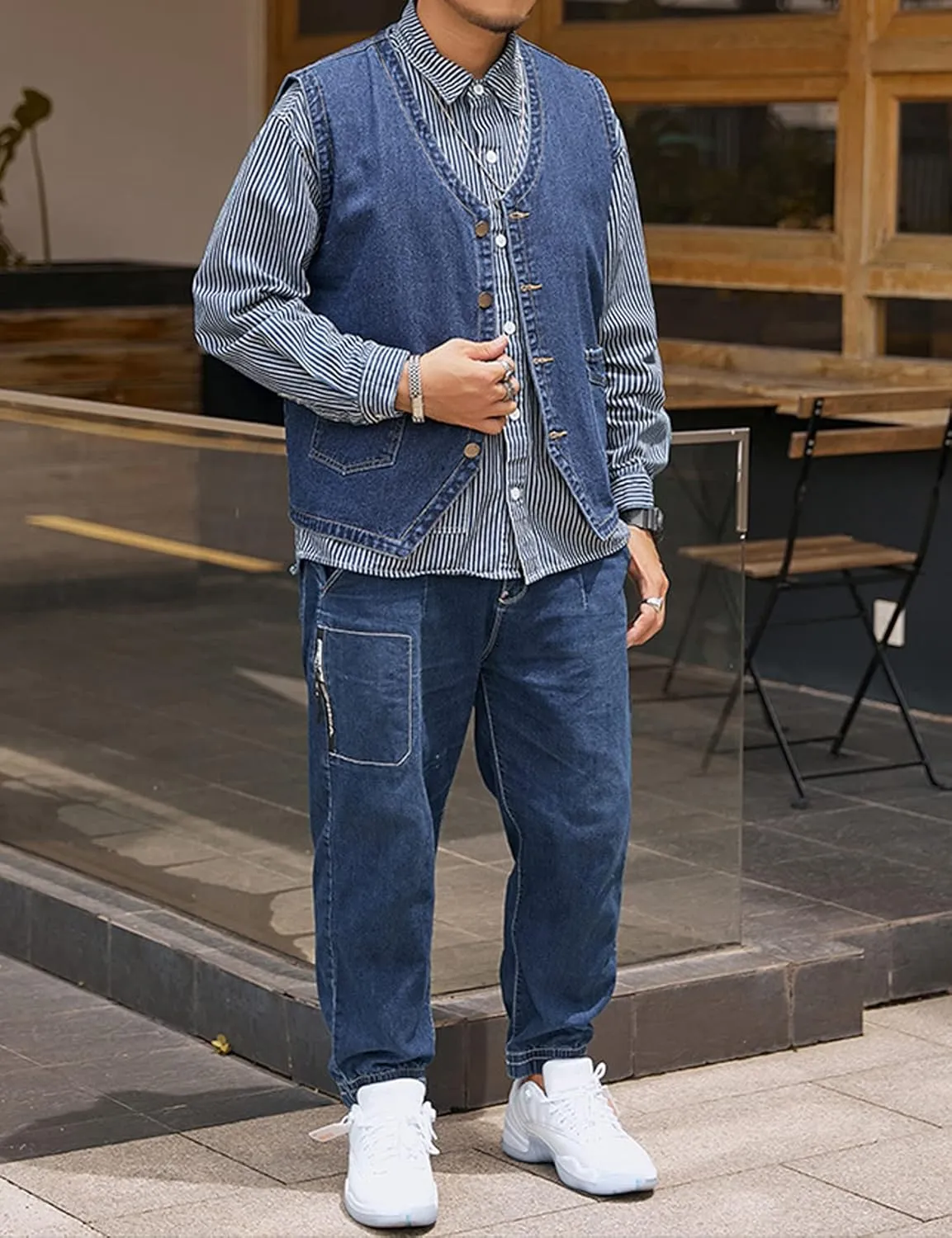 Yvipette Mens Sleeveless V Neck Collarless Denim Vest Biker Motor Punk Button Down Jean Vest Jacket
