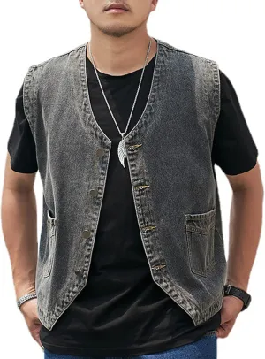 Yvipette Mens Sleeveless V Neck Collarless Denim Vest Biker Motor Punk Button Down Jean Vest Jacket