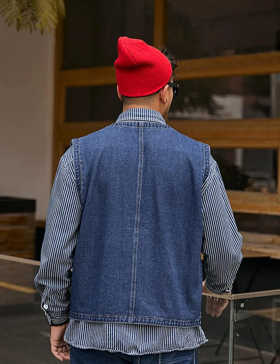 Yvipette Mens Sleeveless V Neck Collarless Denim Vest Biker Motor Punk Button Down Jean Vest Jacket