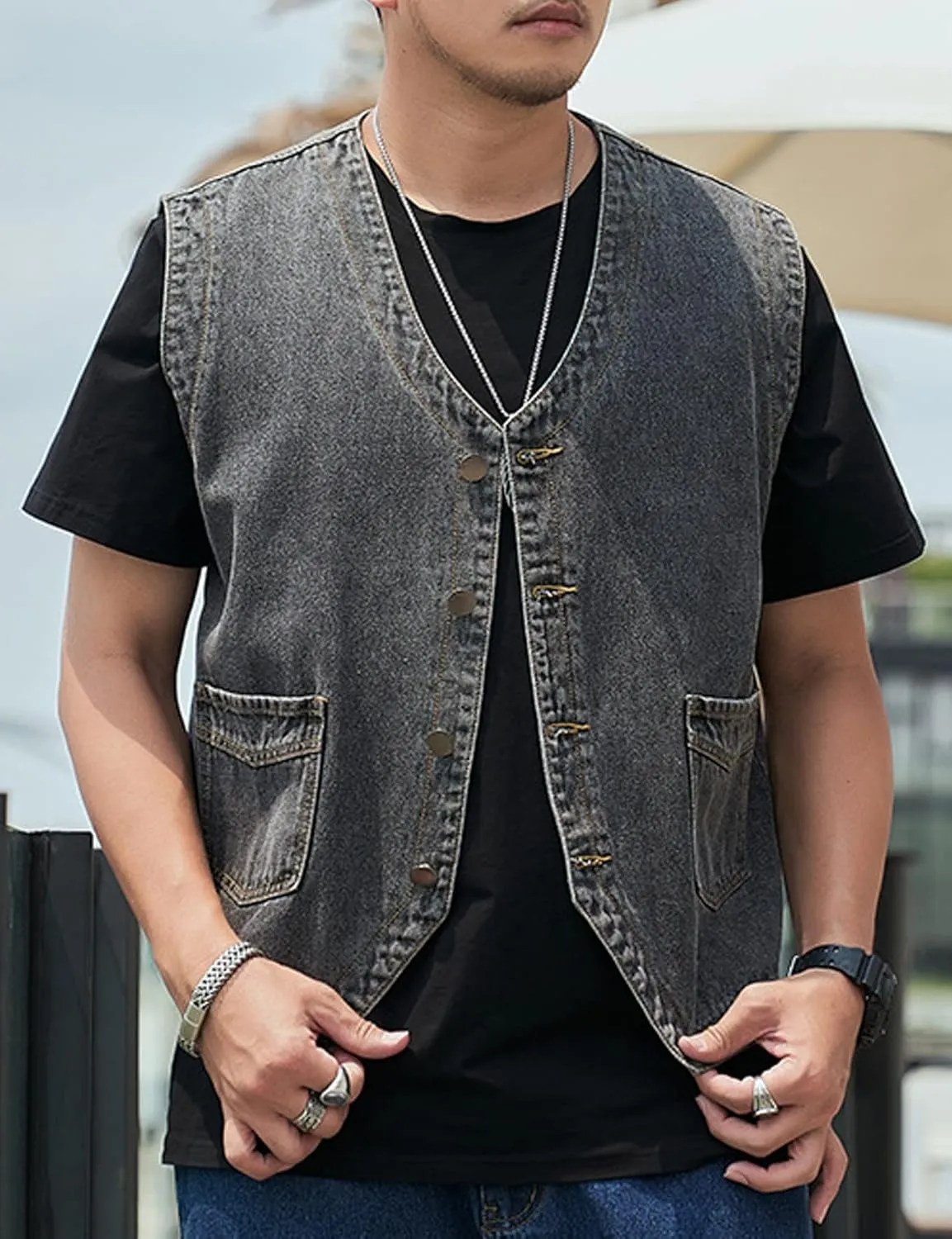 Yvipette Mens Sleeveless V Neck Collarless Denim Vest Biker Motor Punk Button Down Jean Vest Jacket