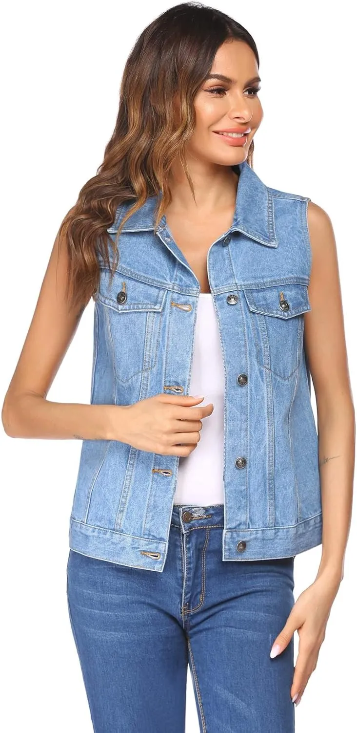 Zeagoo Women's Denim Vest Jean Vest Casual Sleeveless Jacket With Flap Pockets