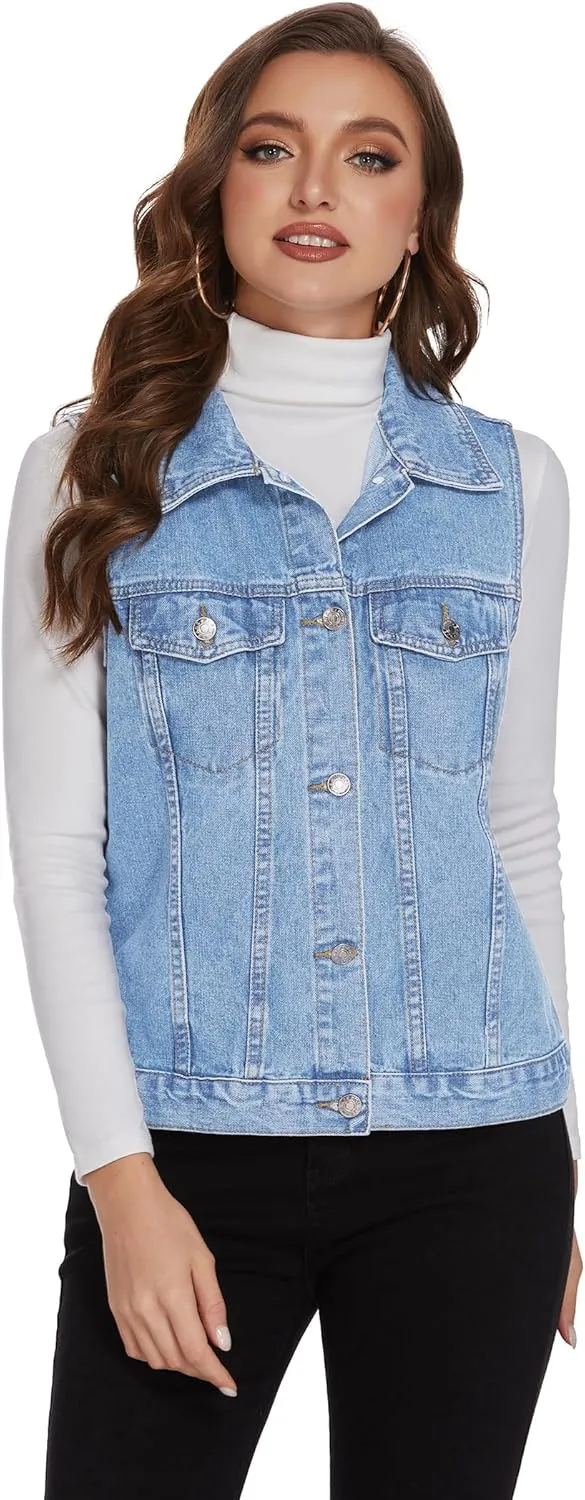 Zeagoo Women's Denim Vest Jean Vest Casual Sleeveless Jacket With Flap Pockets