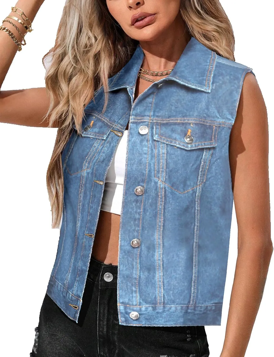 Zeagoo Women's Denim Vest Jean Vest Casual Sleeveless Jacket With Flap Pockets