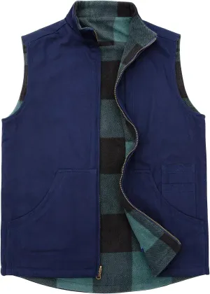 ZENTHACE Men's Reversible Casual Vest Flannel Fleece Lined Outdoor Work Safari Fishing Travel Vest Jacket