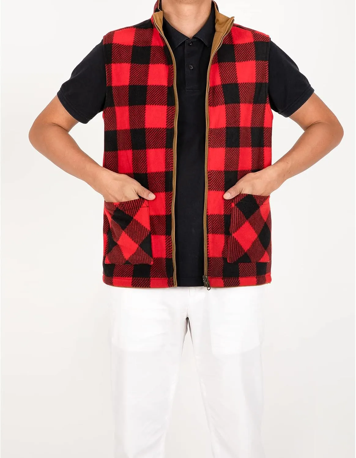 ZENTHACE Men's Reversible Casual Vest Flannel Fleece Lined Outdoor Work Safari Fishing Travel Vest Jacket