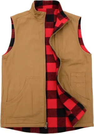 ZENTHACE Men's Reversible Casual Vest Flannel Fleece Lined Outdoor Work Safari Fishing Travel Vest Jacket