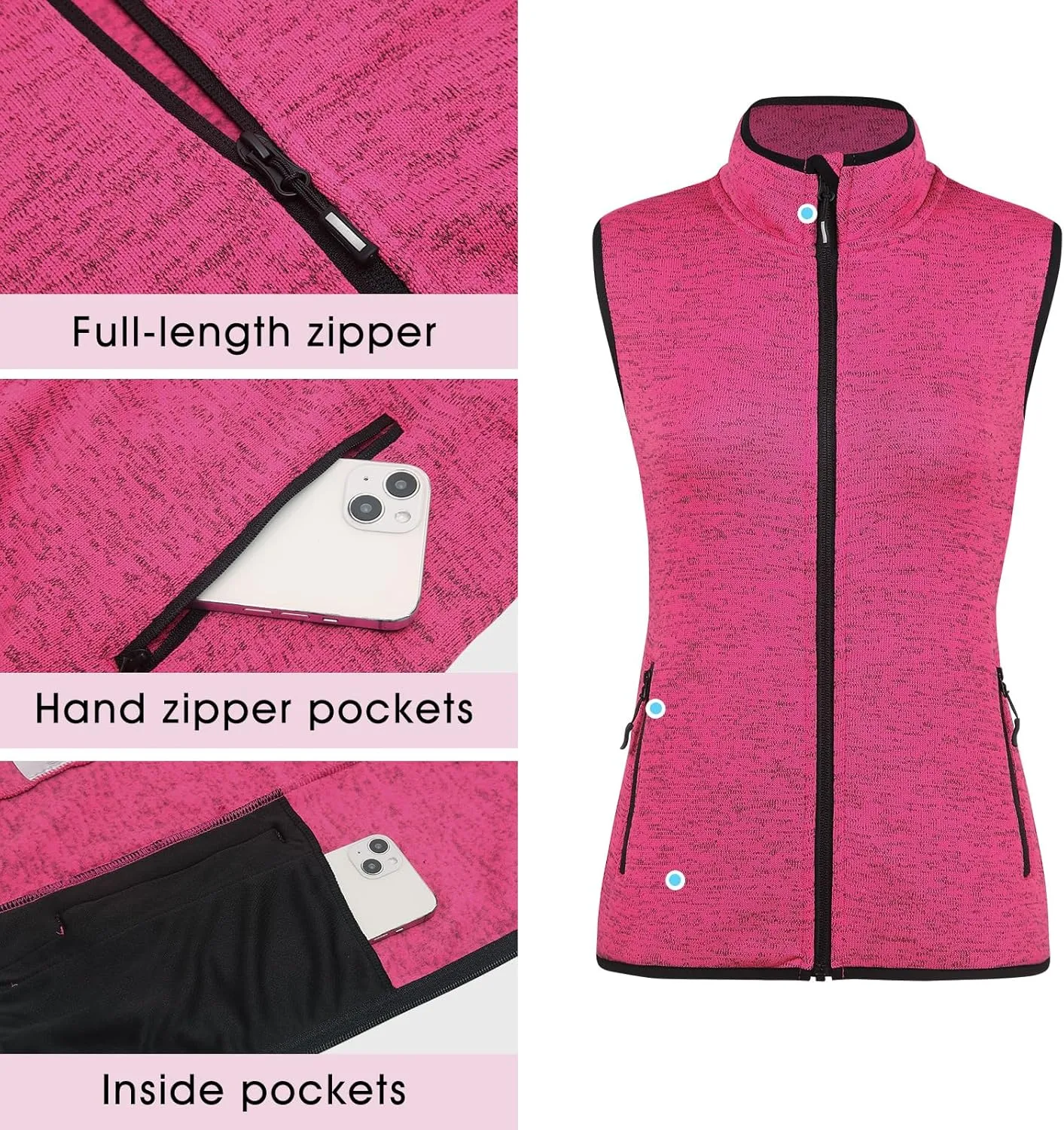 Zip Up Womens Vest with Zipper Pockets Athletic Sweater Fleece Vest Sleeveless Sweater Jacket